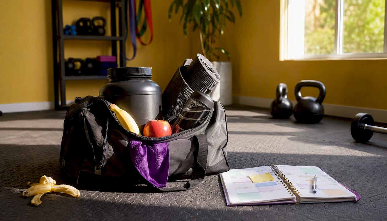 Gym bag containing whey protein and accessories, top view