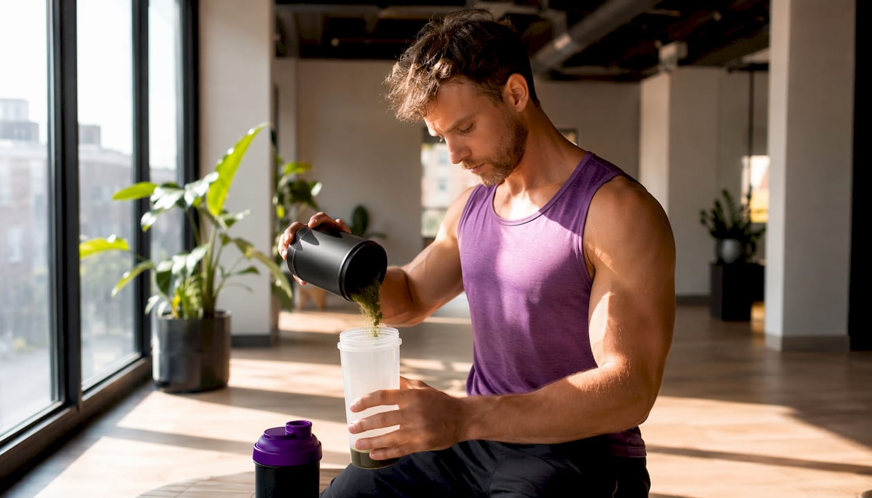 Athlete preparing greens powder shaker bottle