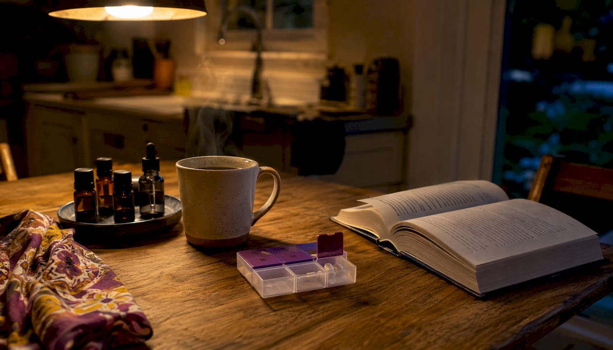 Overhead view of magnesium dose and sleep tracking setup