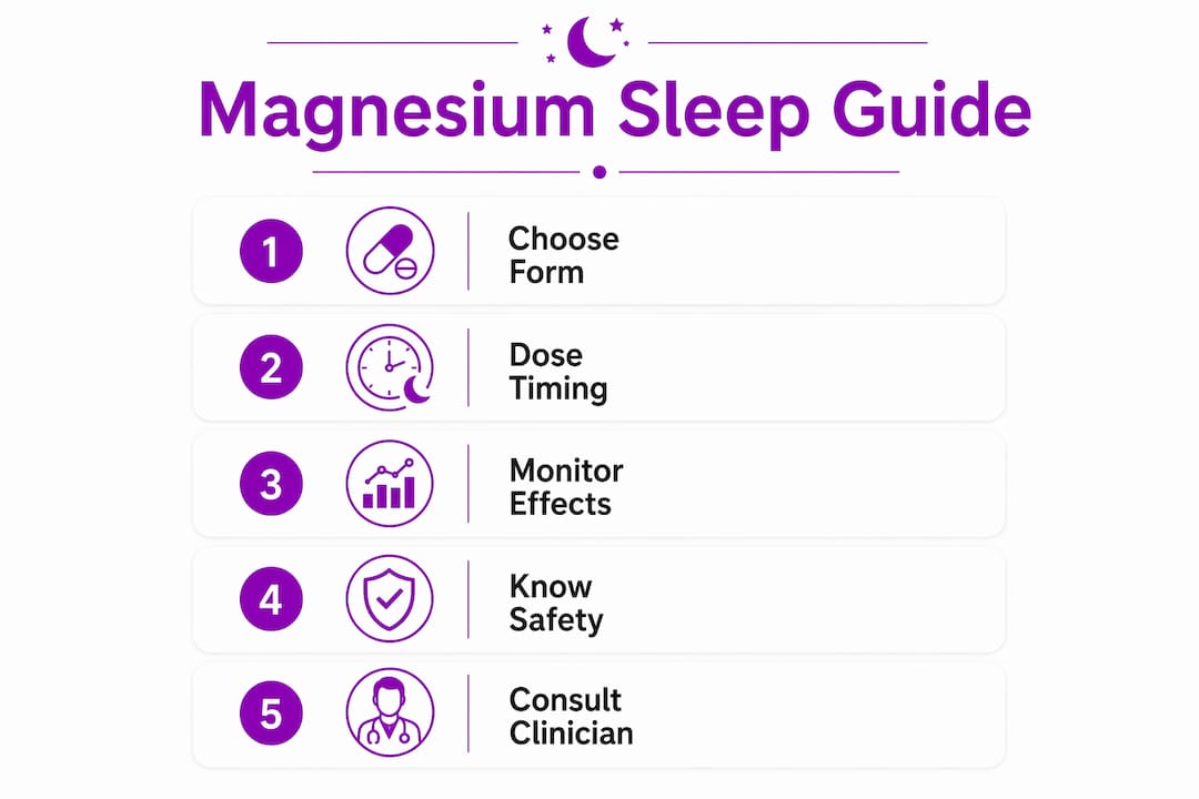 Infographic showing step-by-step magnesium sleep guidance