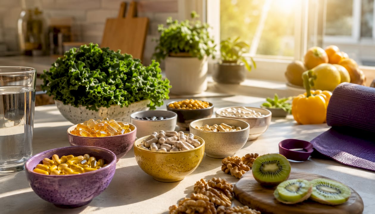 Close-up of supplements and nutrient-rich foods on table