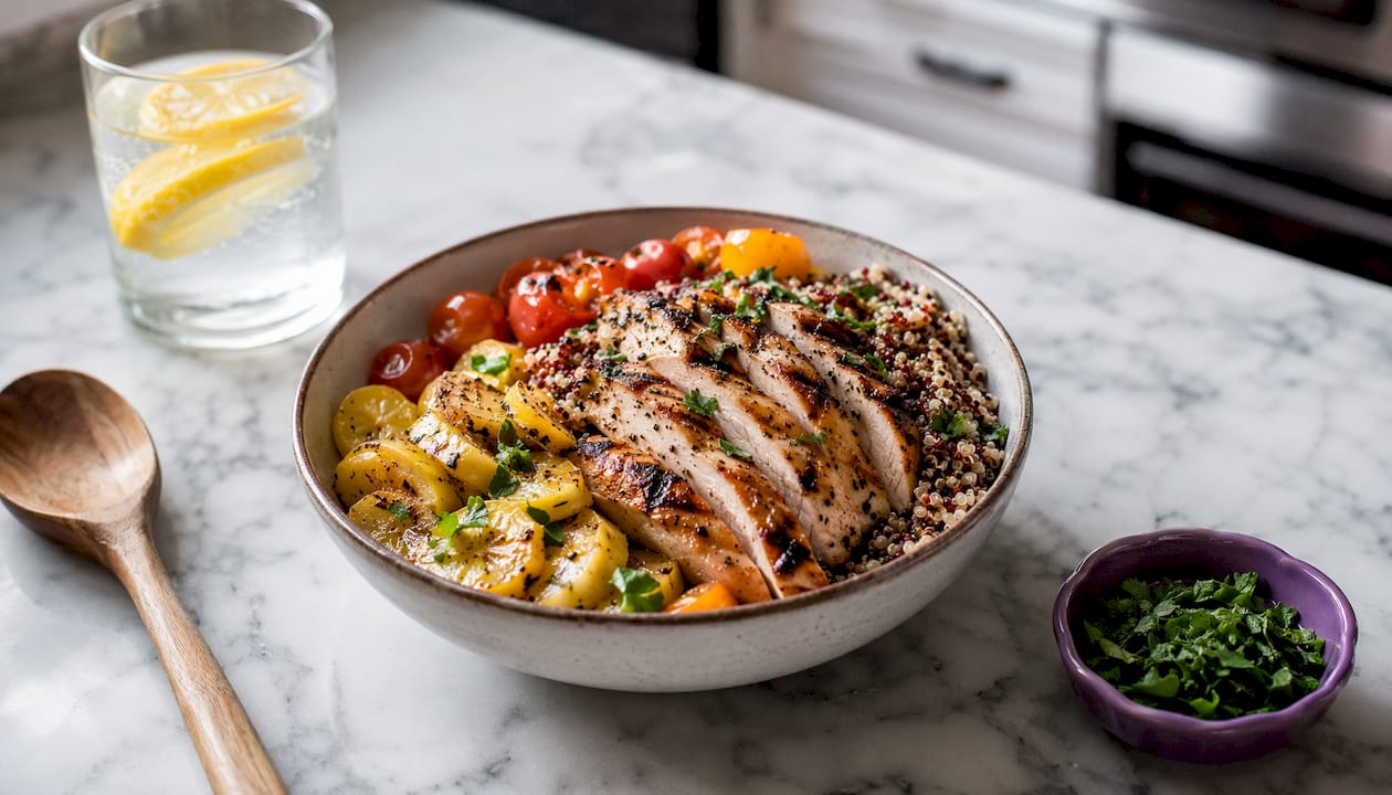 High protein chicken quinoa meal prep bowl overhead