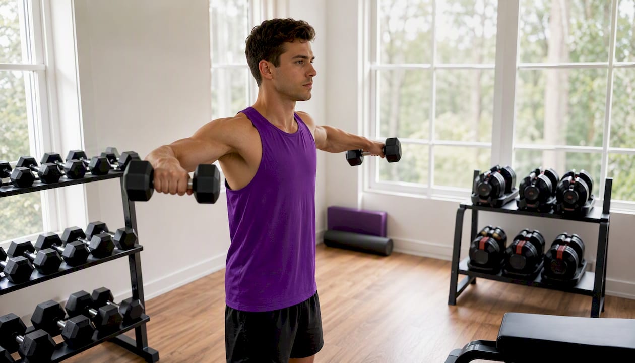 Home gym with fixed and adjustable dumbbells in use