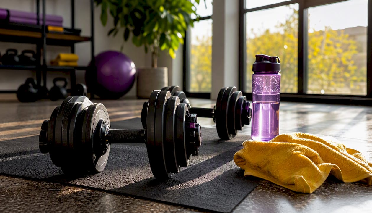 Adjustable dumbbells in small apartment workout space