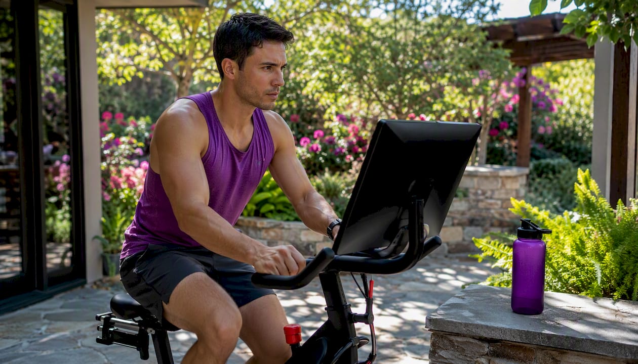 Man using Peloton bike in home gym