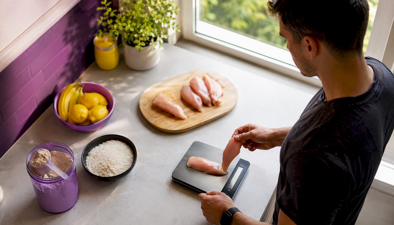 Hands weighing protein and carbohydrate portions