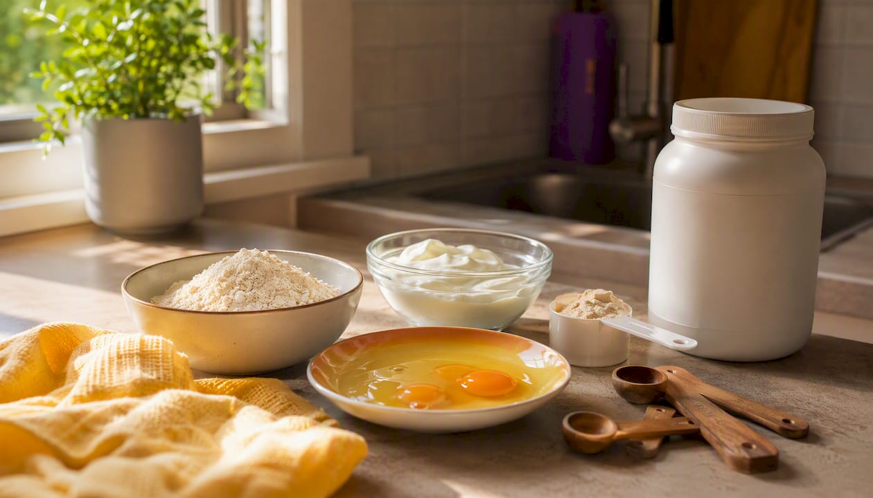 Bowl of oat flour, eggs, Greek yogurt, and protein powder