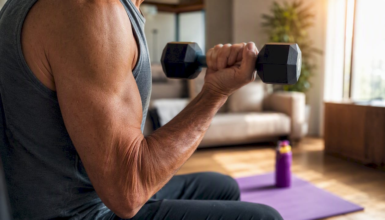 Older adult doing bicep curls in gym