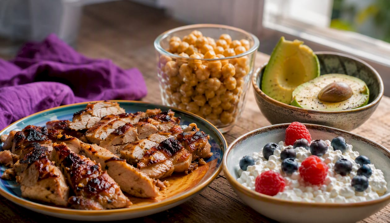 Variety of high-protein foods on wooden table