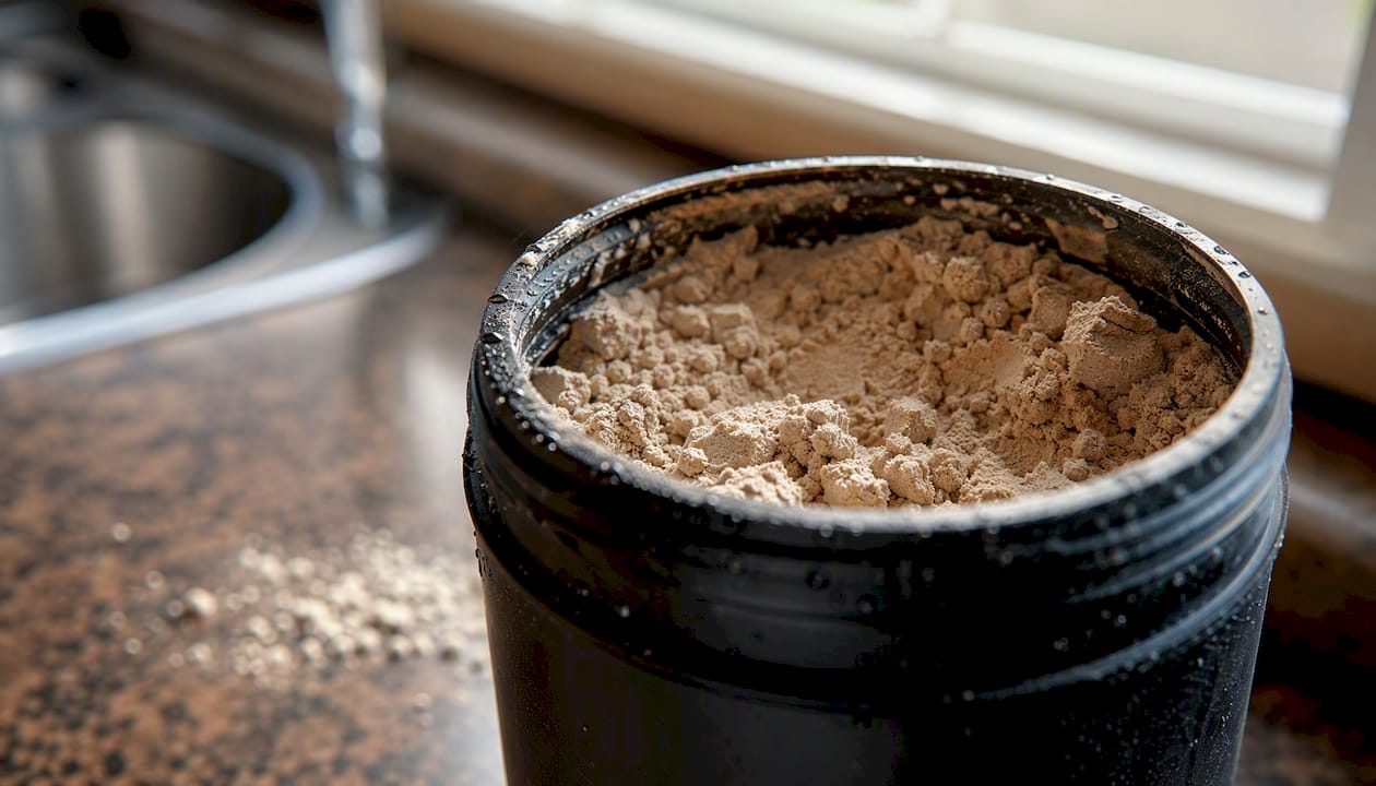 Clumped protein powder with moisture inside container