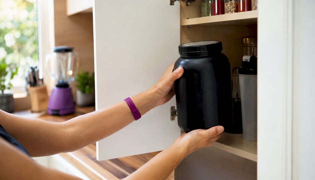 Hands storing protein powder tub in pantry cabinet