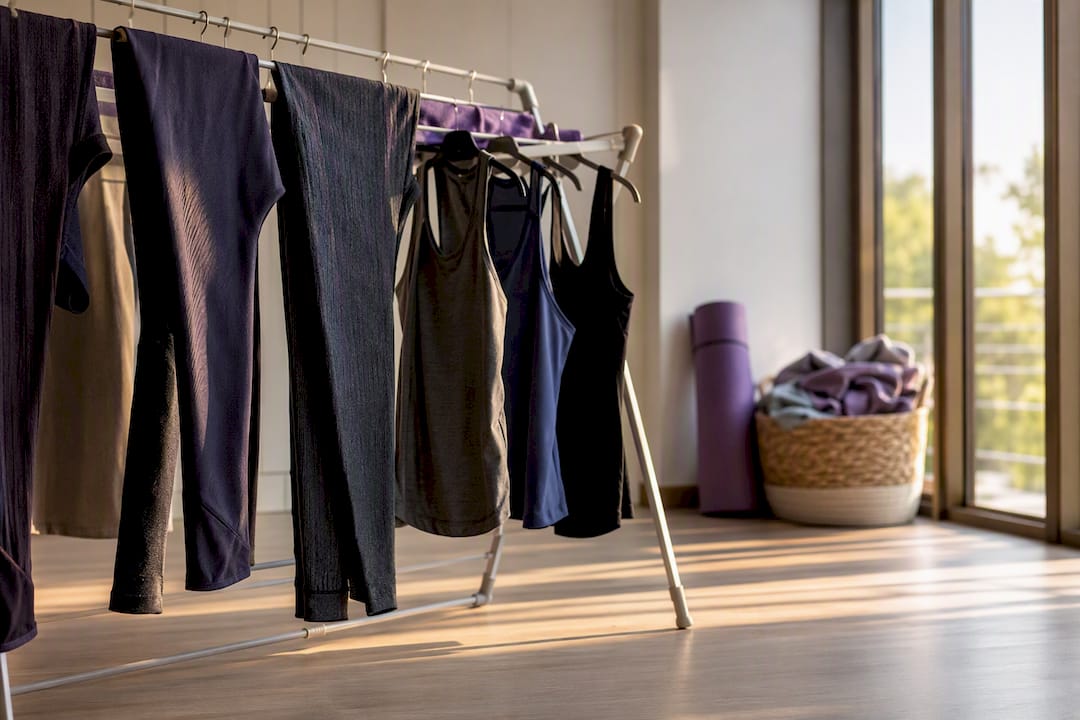 Workout leggings and tops air drying on rack