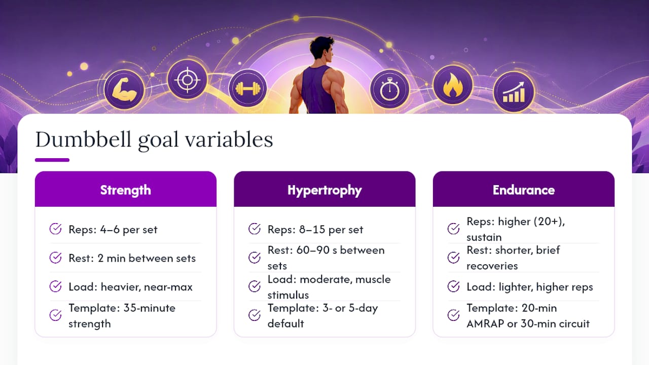 Diagram comparing dumbbell workouts for different fitness goals