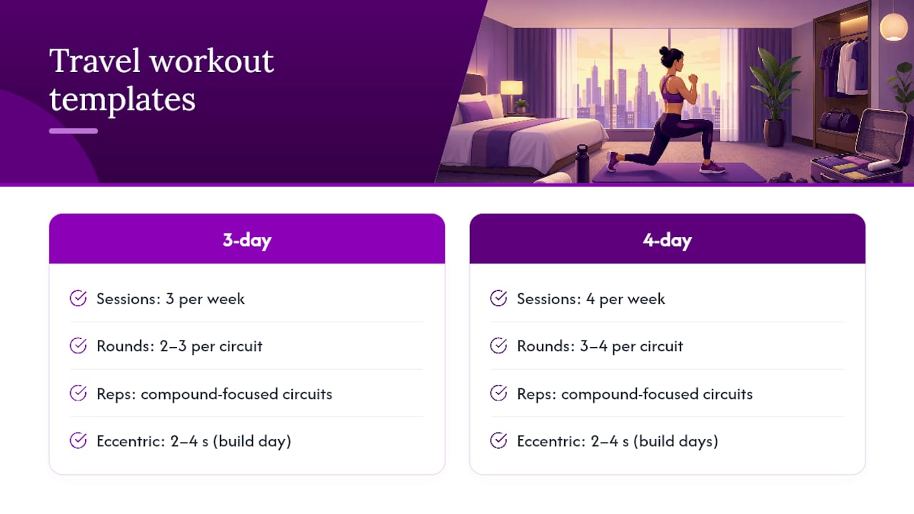 Diagram of sets, reps, and tempo for travel strength workouts
