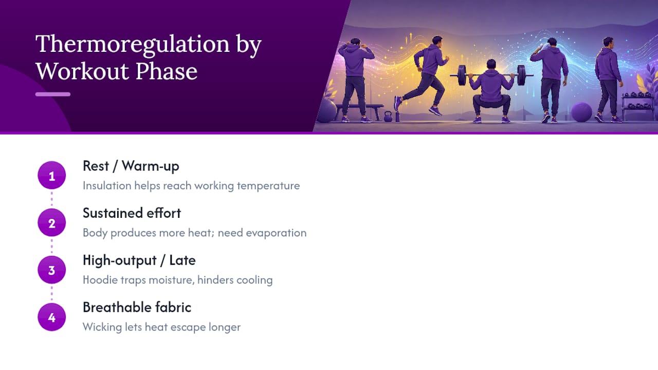 Diagram showing thermoregulation tradeoffs with hoodie use during workout phases