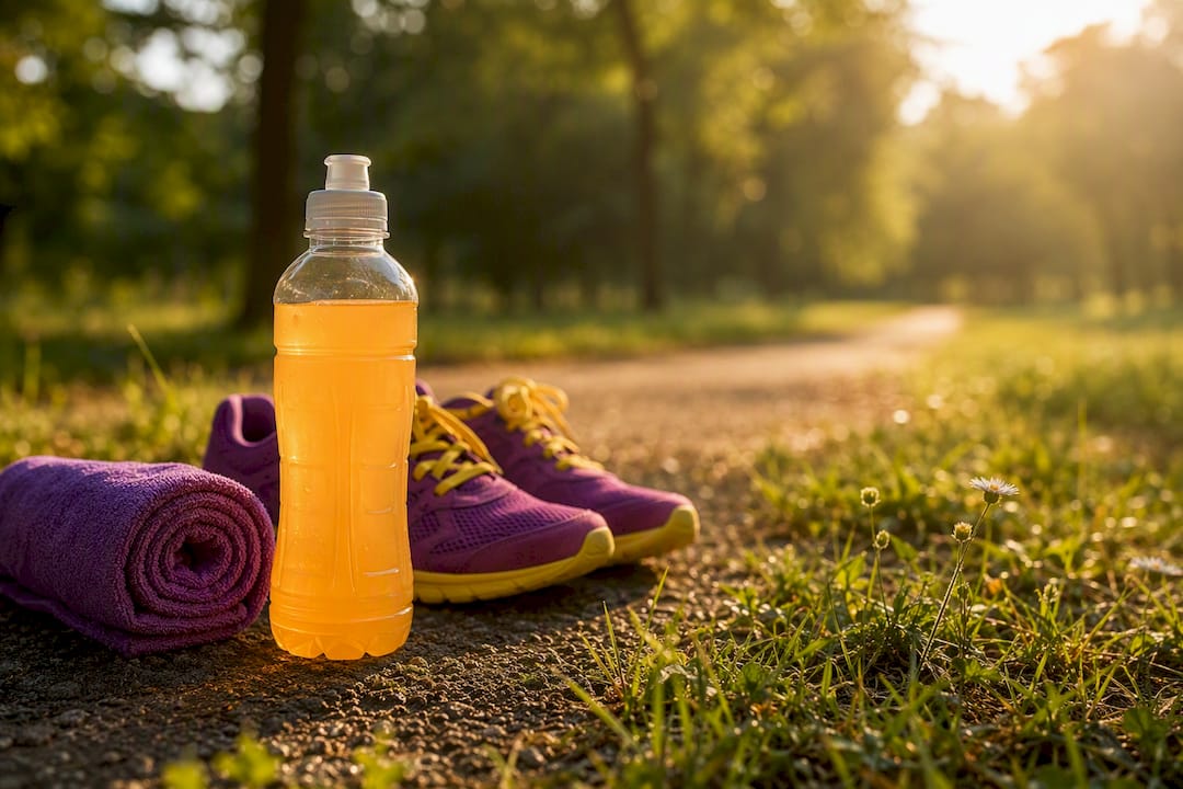 Electrolyte drink on running path with gear