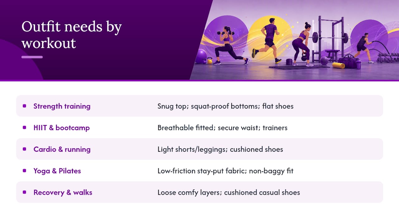 Comparison chart of workout outfit essentials by activity type