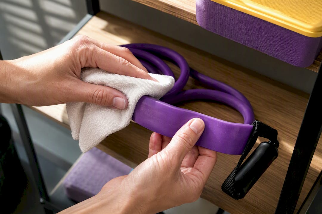 Hands inspecting and cleaning resistance band
