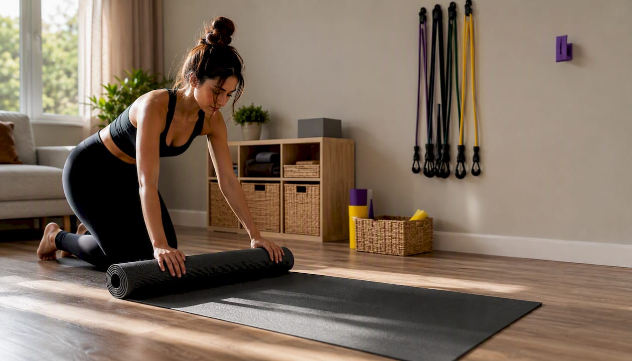 Exercise mat defining a home workout zone