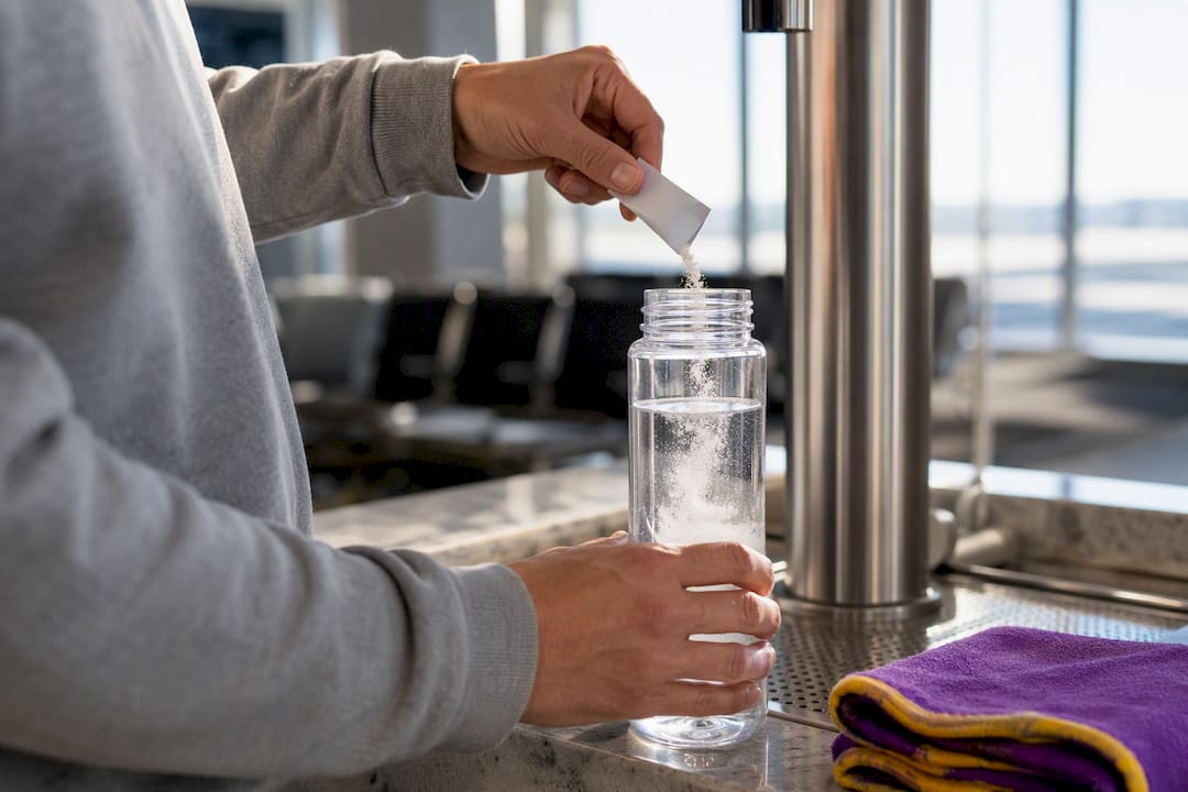 Traveler mixing electrolyte powder during layover