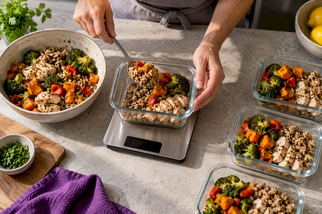 Hands weighing meal portions on kitchen scale