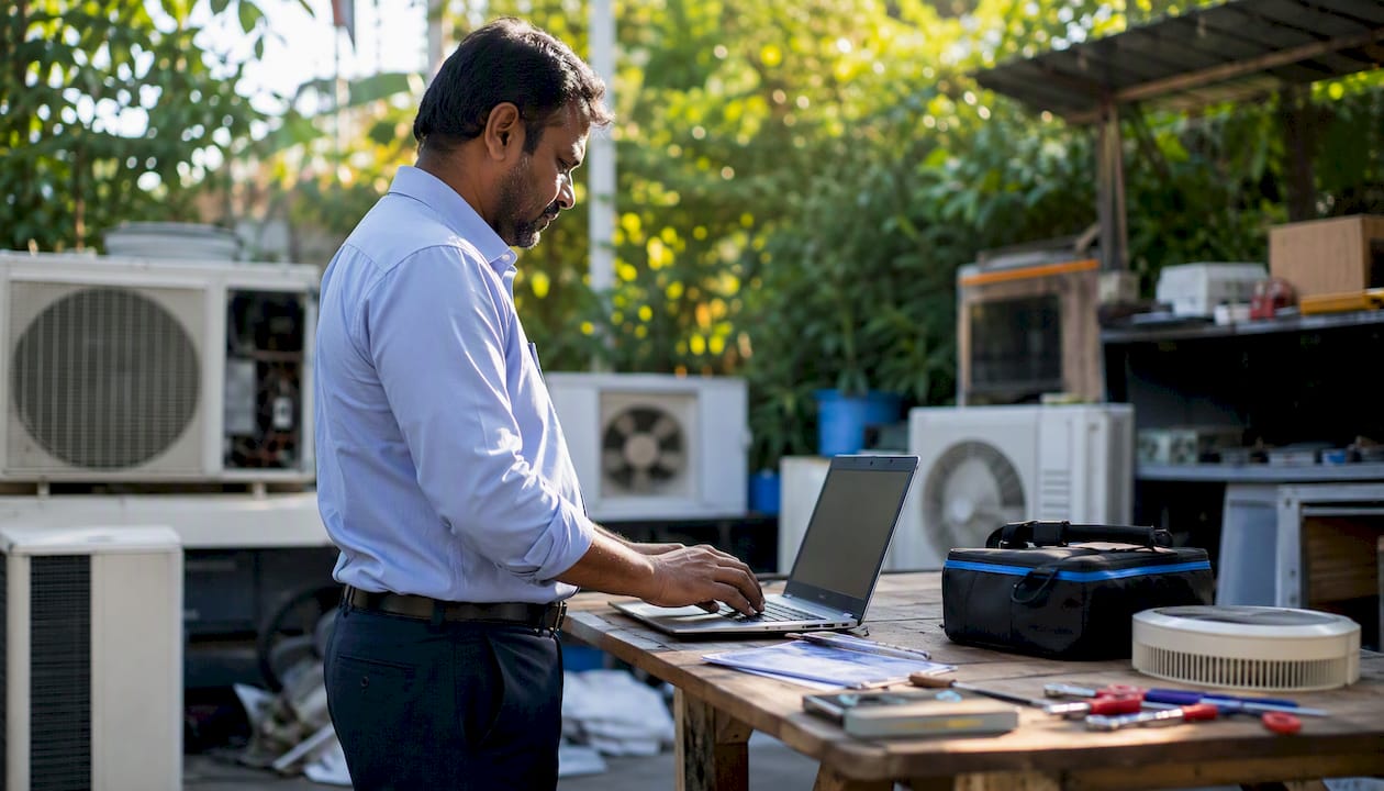 Hands typing booking email at workshop desk