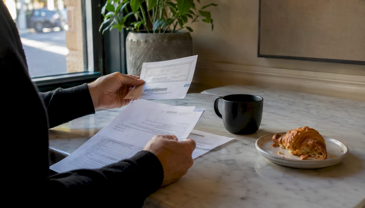 Hands holding certified mail receipt over paperwork on desk