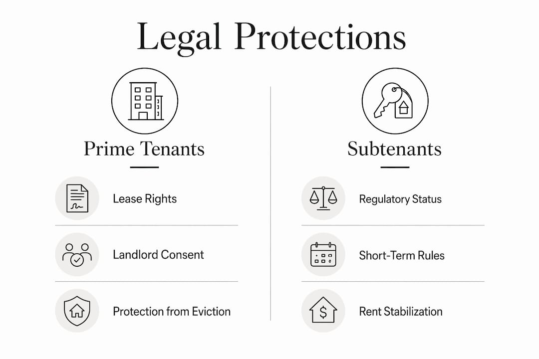 Infographic comparing legal protections for prime tenants and subtenants in NYC