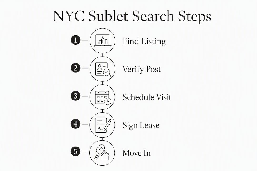 Infographic illustrating 5-step sublet search process in NYC