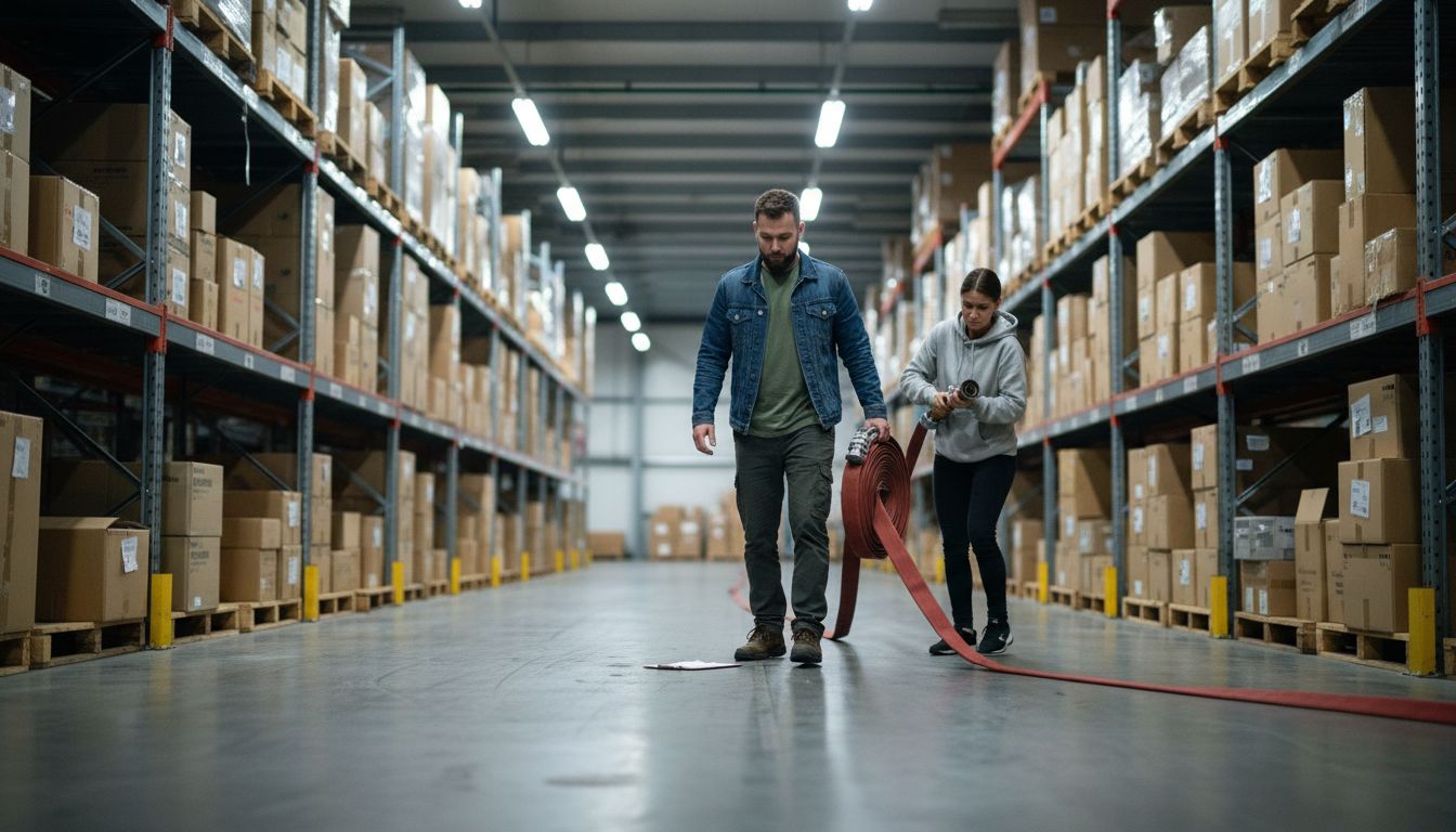 Staff practicing fire drill in warehouse