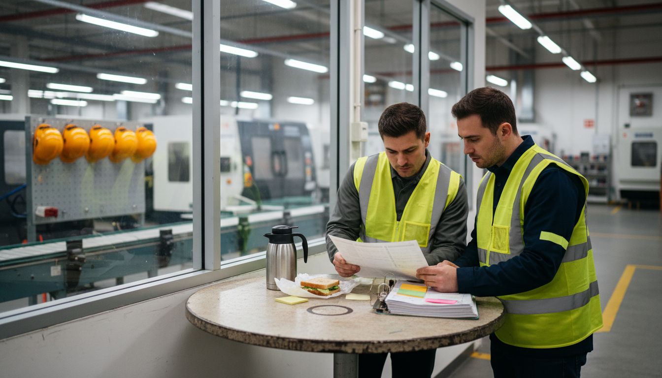 Employees reviewing safety checklist in break area