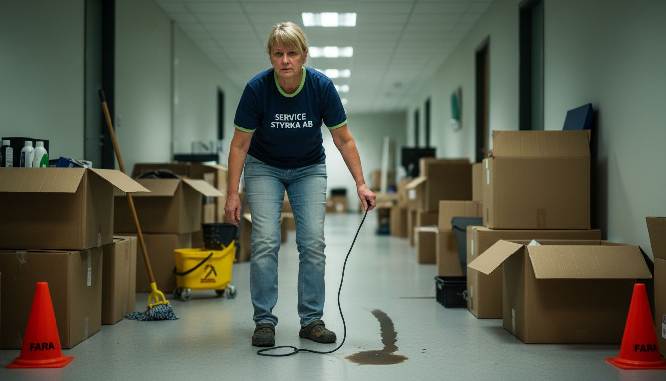 En vaktmästare plockar upp en sladd som ligger bland andra risker på kontoret.