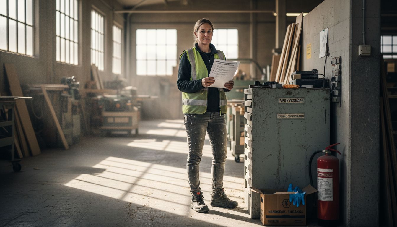 Arbetsledaren går igenom checklistan för kemikaliesäkerhet ute i verkstaden.