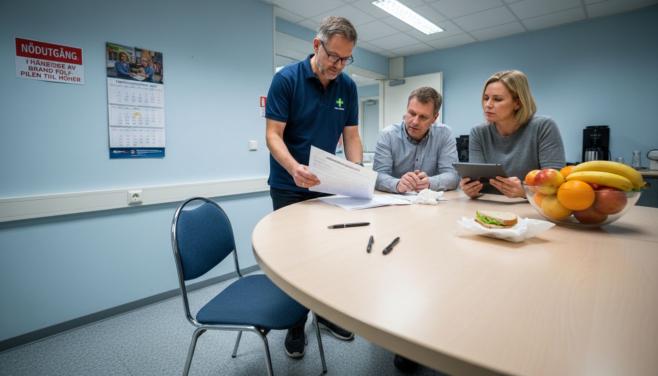 Arbetslaget går igenom säkerhetsrutinerna tillsammans i fikarummet.