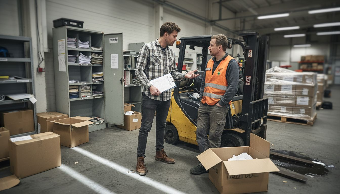 Skyddsombudet går igenom arbetsmiljörisker med personalen i lagret.