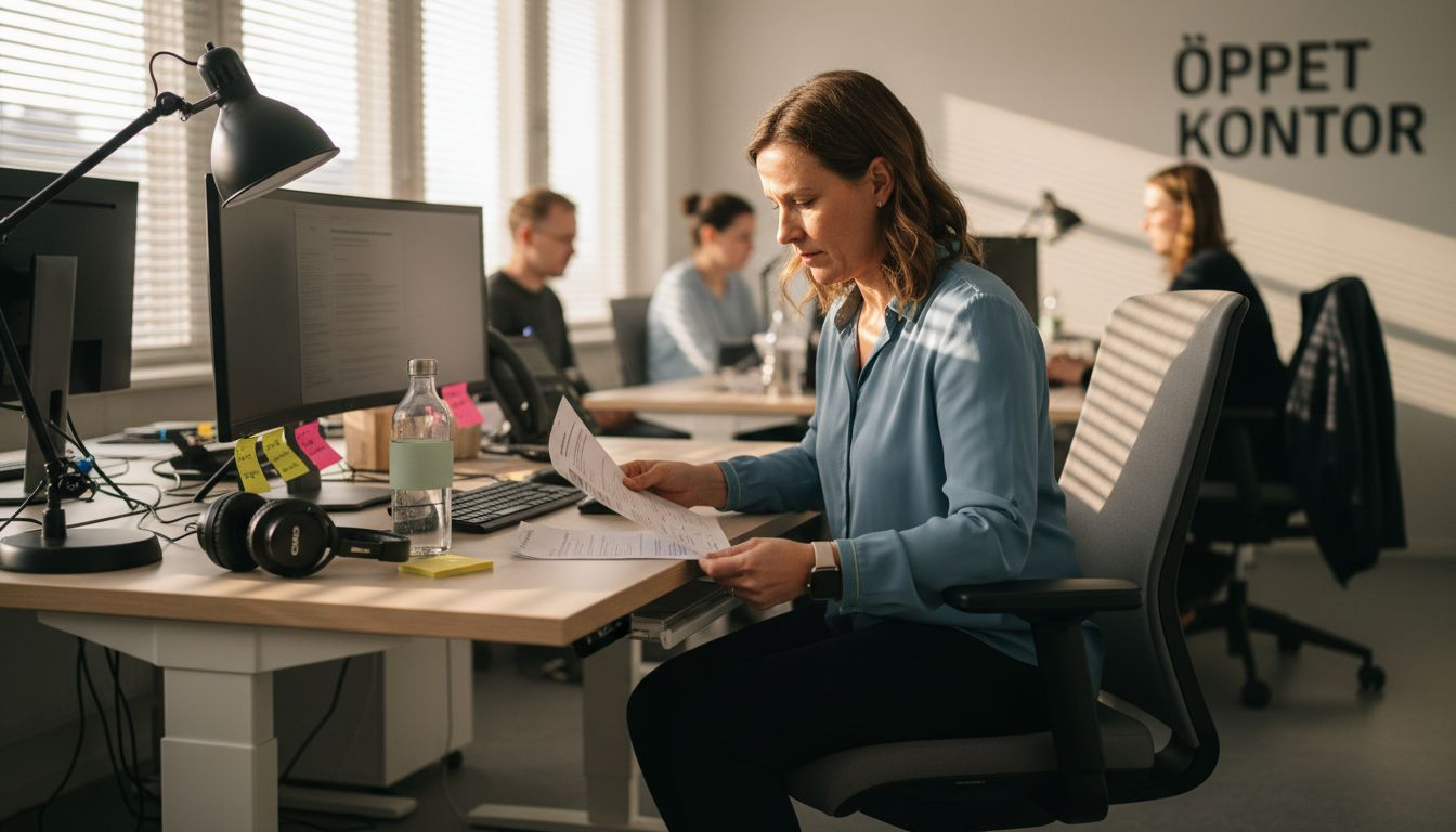 En medarbetare justerar sin kontorsstol för att sitta bekvämt och ergonomiskt.