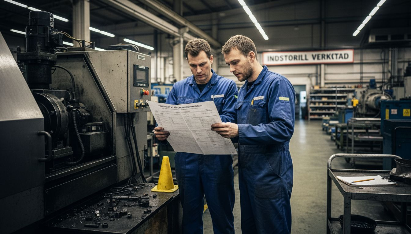 Fabrikspersonal som gör en säkerhetsbedömning av maskiner