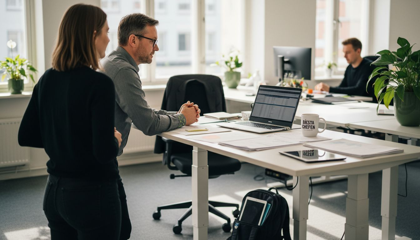 Chefen står vid sitt höj- och sänkbara skrivbord och samtalar med sina medarbetare.