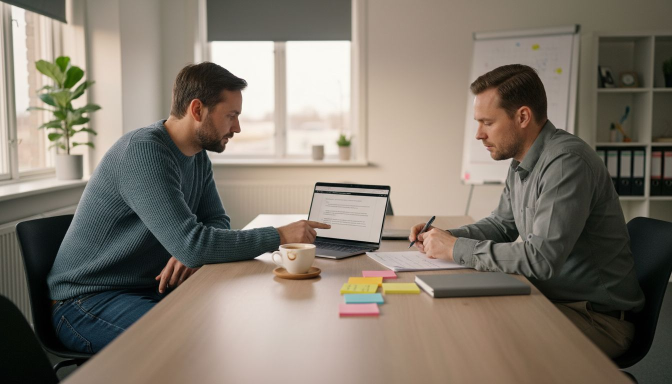 HR och en representant från facket sitter ner tillsammans och diskuterar vid konferensbordet.