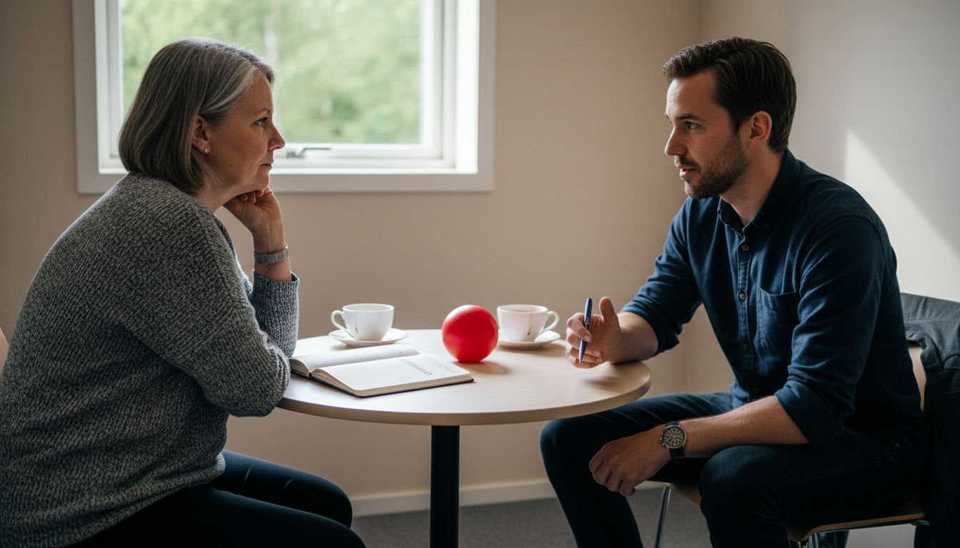 Två arbetskamrater pratar avslappnat med varandra i en trygg och förtroendefull mötessituation.
