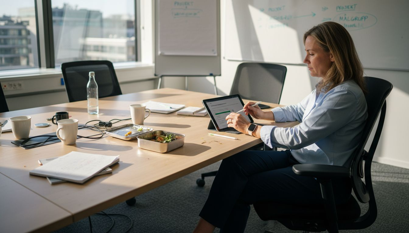 En kvinna sitter och jobbar med en digital kurs om arbetsmiljö.