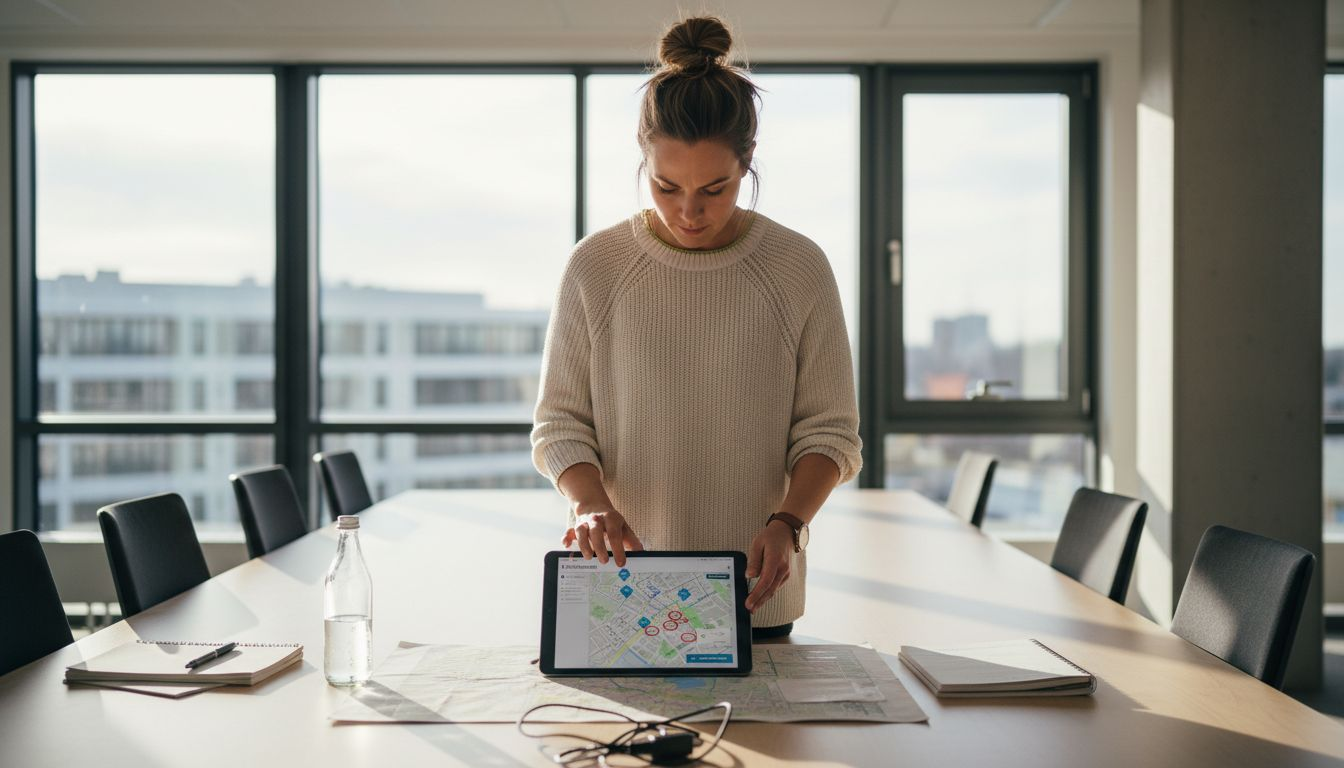 En kvinna antecknar risker i arbetsmiljön under ett möte vid konferensbordet.