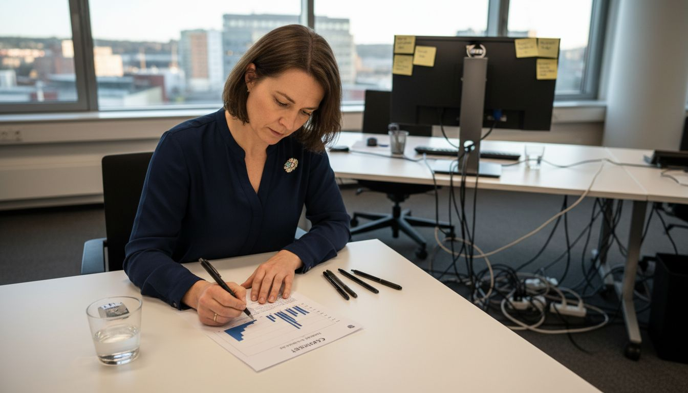 En kvinna granskar och utvärderar arbetsmiljöstatistik på sitt kontor.