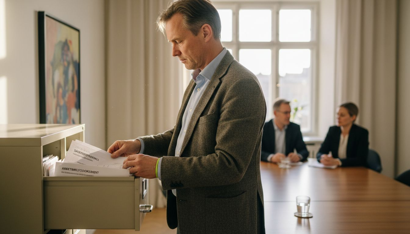 En HR-specialist går igenom säkerhetsdokument vid arkivskåpet för att säkerställa att allt följer gällande rutiner.