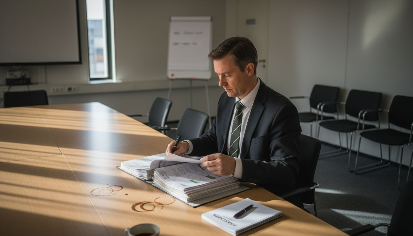 HR-chefen bläddrar igenom pärmen med arbetsmiljörapporter för att hålla koll på arbetsmiljön.