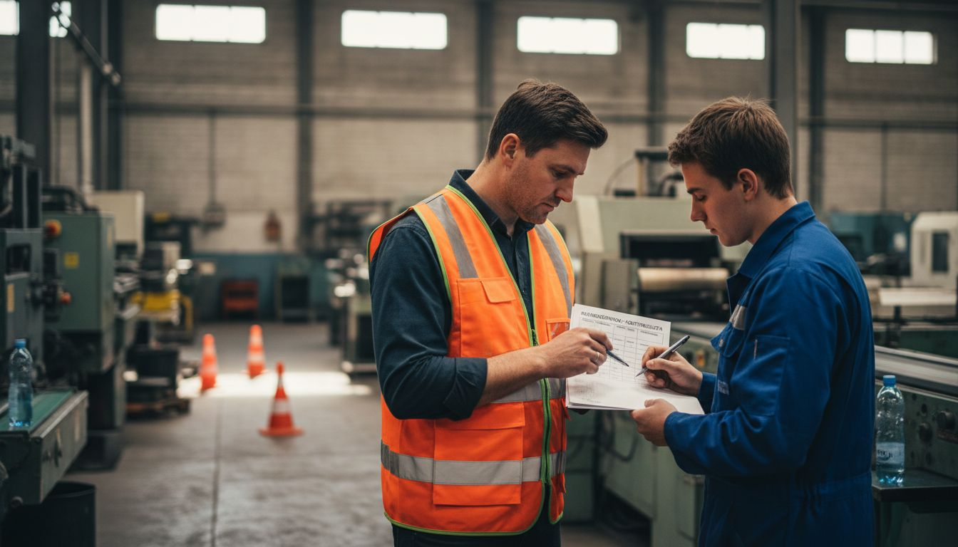 En arbetsledare går igenom säkerhetsrutiner tillsammans med personalen ute på fabriksgolvet.