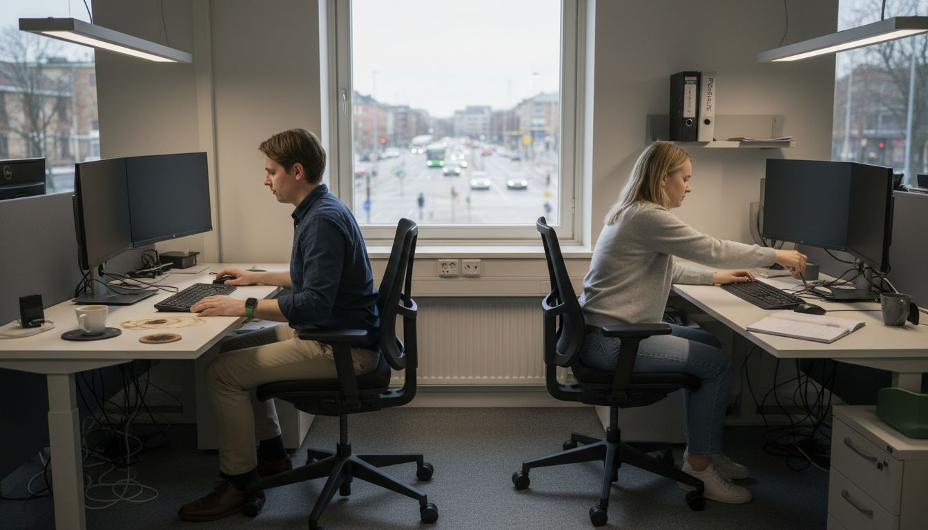 Två kollegor gör kontorsplatsen personlig tillsammans.
