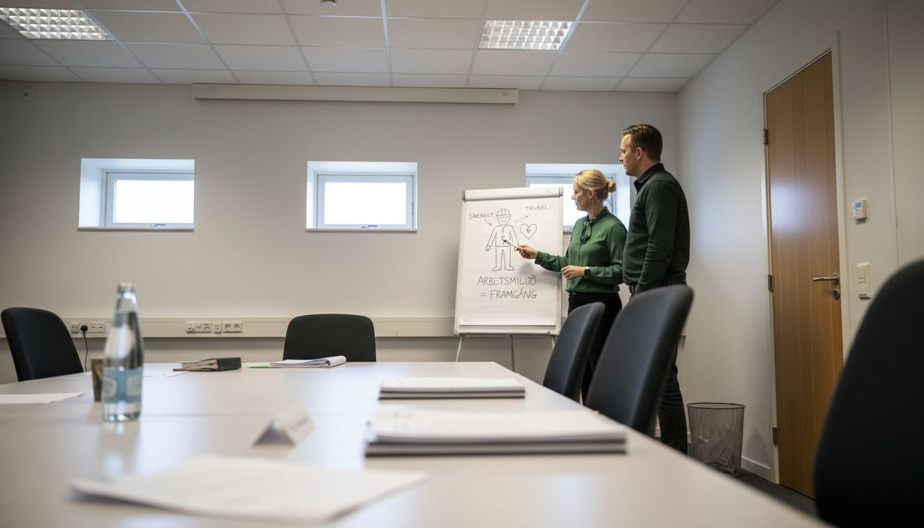 Tre deltagare står vid whiteboarden och pratar om ansvarsfördelning.