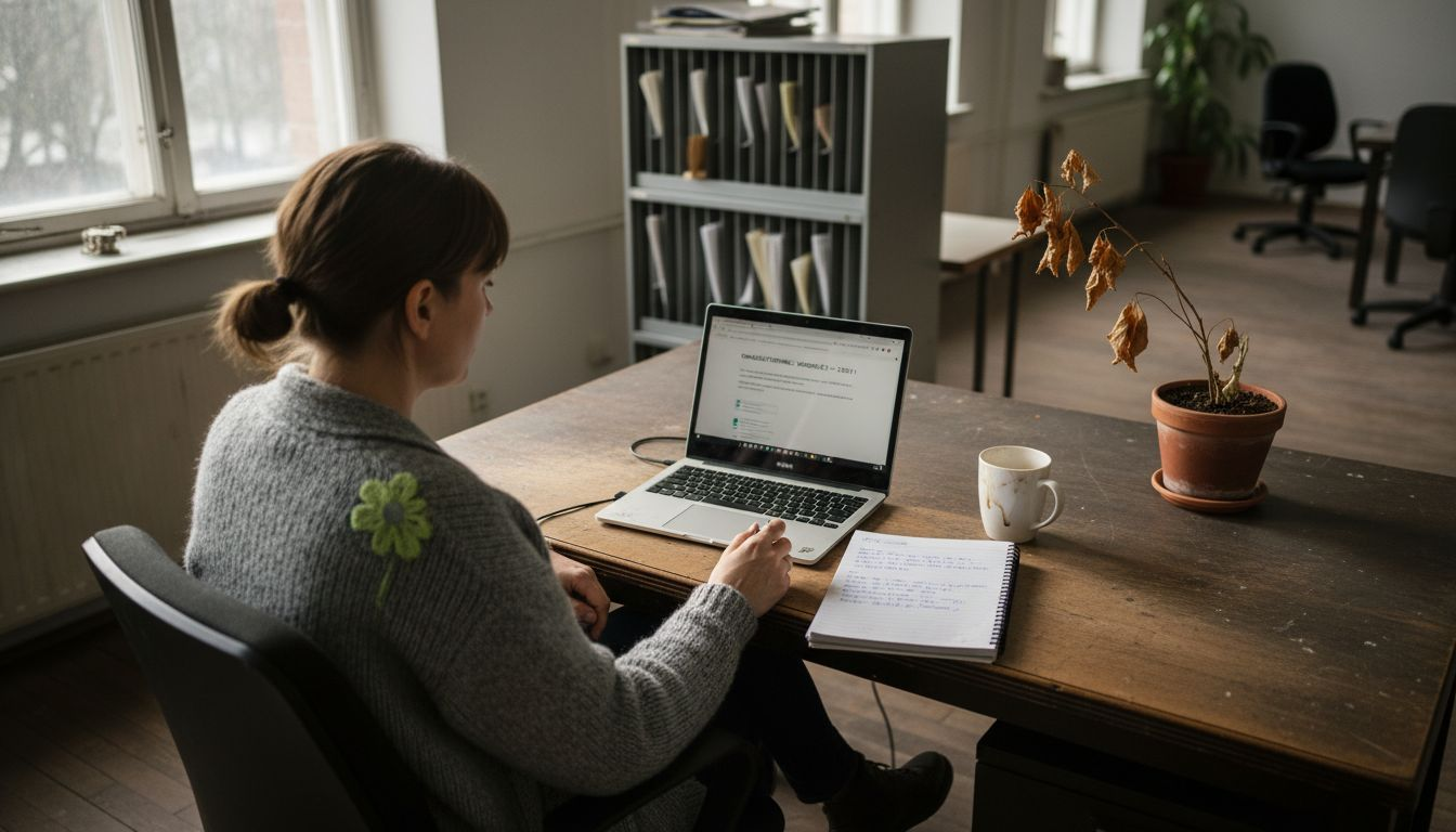 En kvinna sitter vid sitt skrivbord och pluggar arbetsmiljö på nätet.