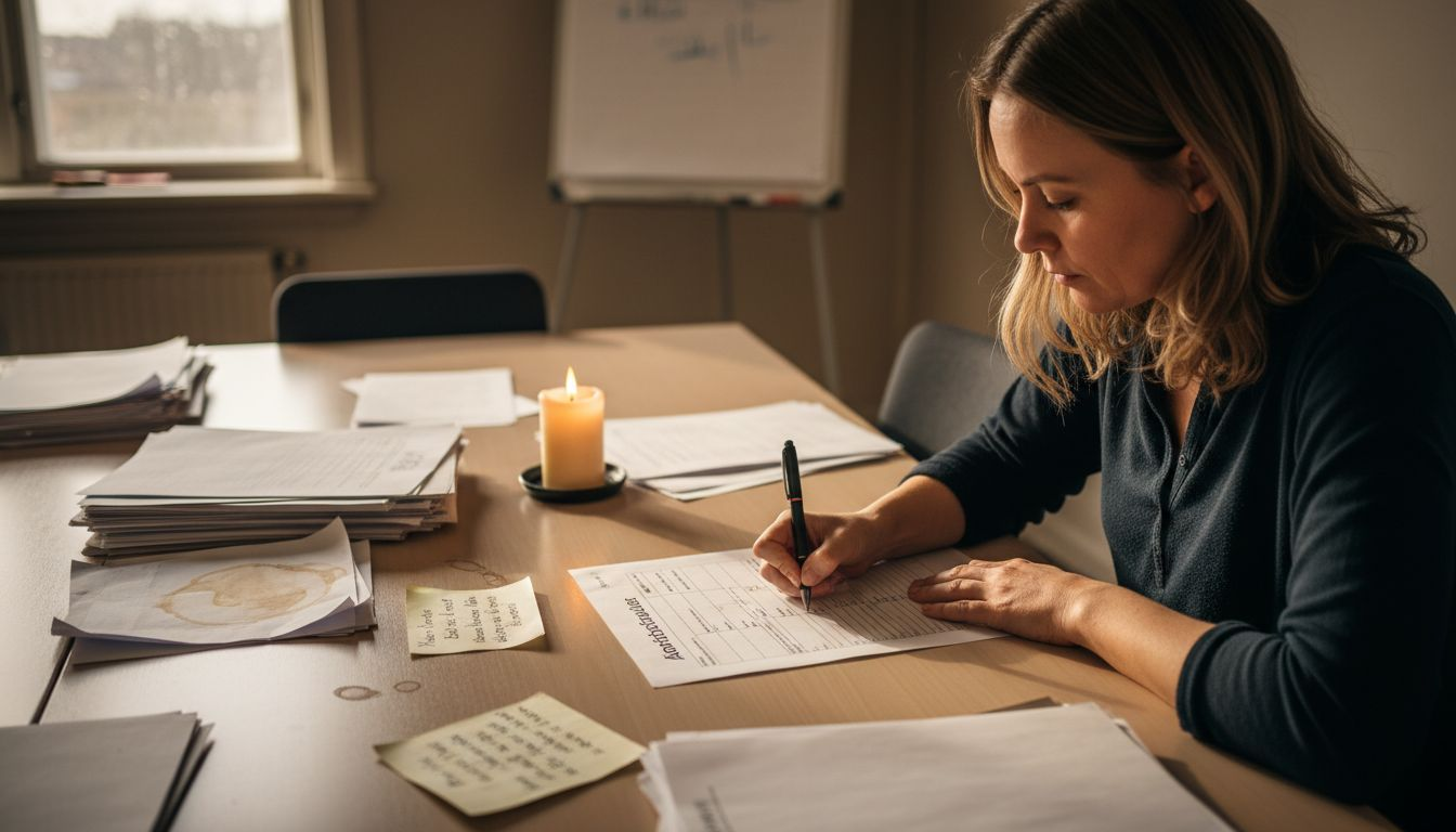 En kvinna sitter och antecknar rutiner för arbetsmiljön för hand.
